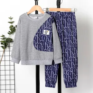 2pcs Kid Boy Letter Print Pullover Sweatshirt and Pants Set #1053342