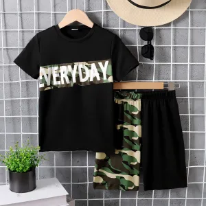 2pcs Kid Boy Letters Print Camouflage Short-sleeve Tee and Shorts Set #1040509