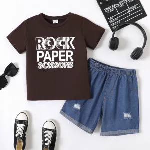 2pcs Kid Boy Letters Print Short-sleeve Tee and Ripped Denim Shorts Set #1051624