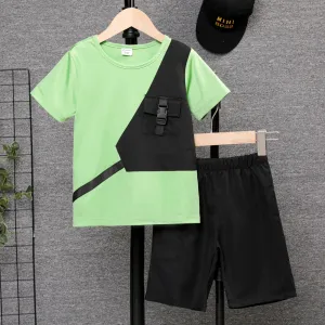 2pcs Kid Boy Patch Pocket Short-sleeve Tee and Solid Shorts Set #1044869