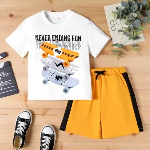 2Pcs Kid Boy Skateboard Print Short-sleeve Tee and Solid Shorts Set #862391