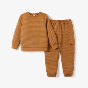 2PCS Kid Boy Solid Color Basic Patch Pocket Top/ Pants Set #1171041