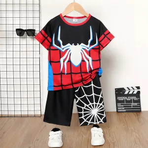 2pcs Kid Boy Spider Print Colorblock Short-sleeve Tee and Elasticized Shorts Set #776644