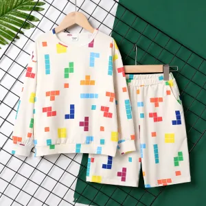2pcs Kid Boy Tetris Print Long-sleeve Top and Shorts Set #1046845