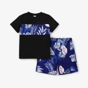 2pcs Kid Boy Tropical Plant Print Short-sleeve Tee and Shorts Set