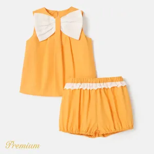 2pcs Kid Girl 100% Cotton Bow Front Tank Top and Lace Detail Shorts Set #856291