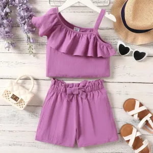 2pcs Kid Girl 100% Cotton Ruffle Solid Slip Top and Belted Shorts Set #1043425