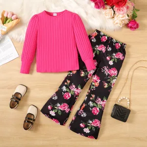 2pcs Kid Girl 97% Cotton Ribbed Long-sleeve Tee and Allover Floral Print Flared Pants Set #1053756