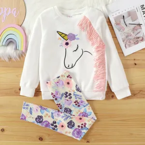 2pcs Kid Girl Animal Unicorn Print Tassel Fleece Sweatshirt and Floral Print Leggings Set #206004