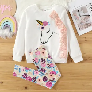 2pcs Kid Girl Animal Unicorn Print Tassel Fleece Sweatshirt and Floral Print Leggings Set #206006