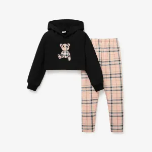 2pcs Kid Girl Bear Graphic Long-sleeve Sweatshirt and Plaid Pants Set #1059312