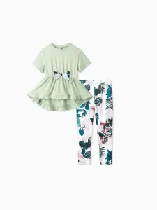 2pcs Kid Girl Bow Front Peplum Top and Plant Floral Pants Set