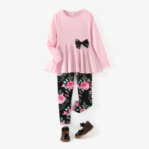 2pcs Kid Girl Bowknot Design Long-sleeve Tee and Floral Print Leggings Set #204713