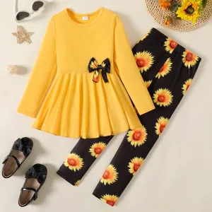 2pcs Kid Girl Bowknot Design Long-sleeve Tee and Floral Print Leggings Set #204720