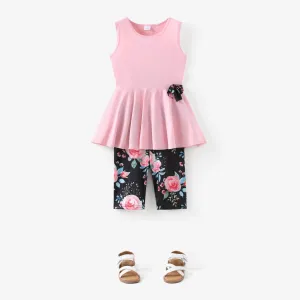 2pcs Kid Girl Bowknot Design Sleeveless Tee and Floral Print Leggings Shorts Set #200428