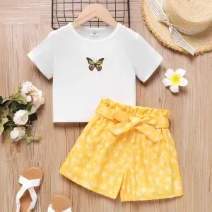 2pcs Kid Girl Butterfly Print Short-sleeve Tee and Belted Shorts Set #236641