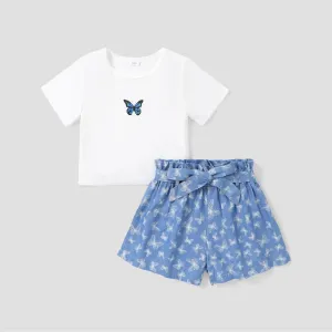 2pcs Kid Girl Butterfly Print Short-sleeve Tee and Belted Shorts Set #236648