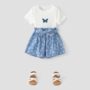2pcs Kid Girl Butterfly Print Short-sleeve Tee and Belted Shorts Set #236650
