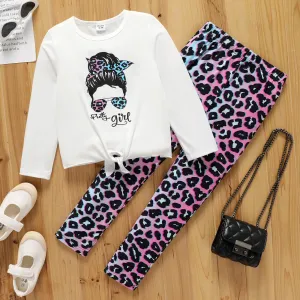 2pcs Kid Girl Cartoon Print Tie Knot Long-sleeve Tee and Leopard Print Leggings Set #203950