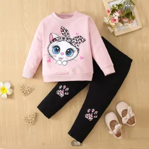 2pcs Kid Girl Cat Kitty Print Pink Sweatshirt and Paw Print Leggings Set #769503