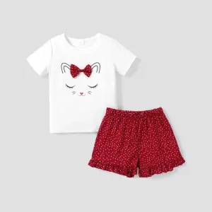 2pcs Kid Girl Cat Print Short-sleeve Tee and Polka Dots Shorts Set #921132