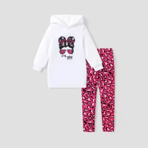 2pcs Kid Girl Character Print Fleece Splice Goodie Sweatshirt and Leopard Print Leggings Set #209555