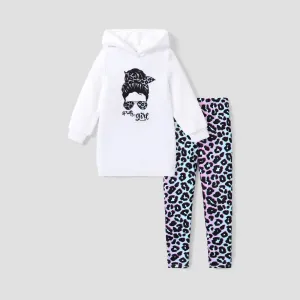 2pcs Kid Girl Character Print Fleece Splice Goodie Sweatshirt and Leopard Print Leggings Set #209561
