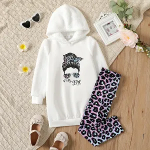 2pcs Kid Girl Character Print Fleece Splice Goodie Sweatshirt and Leopard Print Leggings Set #209564