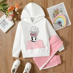 2pcs Kid Girl Character Print Pocket Design Fleece Lined White Hoodie Fleece Sweatshirt and Colorblock Pants Set #833093