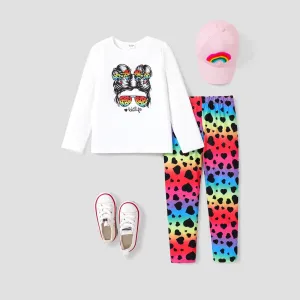2PCS Kid Girl Character Print Shirt/ Leopard Print Jumpsuit #1190161