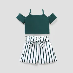 2Pcs Kid Girl Cold Shoulder Camisole & Belted Stripe Shorts Set
