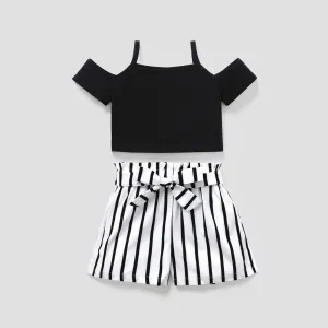 2Pcs Kid Girl Cold Shoulder Camisole & Belted Stripe Shorts Set