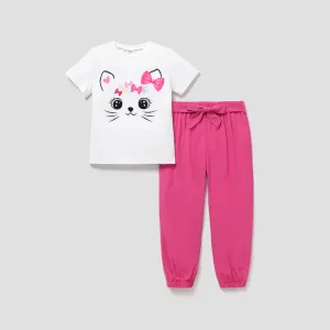2pcs Kid Girl Cute Cat Print Short-sleeve Tee and Belted Pants Set