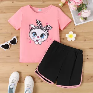 2pcs Kid Girl Cute Cat Print Short-sleeve Tee and Dolphin Shorts Set #920168
