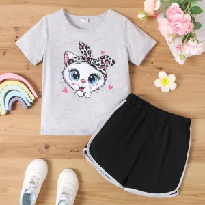 2pcs Kid Girl Cute Cat Print Short-sleeve Tee and Dolphin Shorts Set #920174