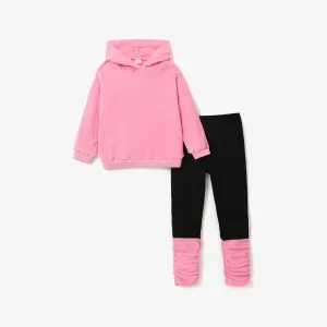 2pcs Kid Girl Ear Design Polar fleece Hoodie Sweatshirt amd Colorblock Splice Leggings Set #207686