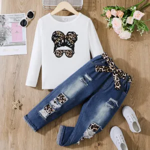 2pcs Kid Girl Figure Print Long-sleeve Pink Tee and Belted Ripped Denim Jeans Set #1073500