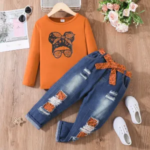 2pcs Kid Girl Figure Print Long-sleeve Pink Tee and Belted Ripped Denim Jeans Set #1073506