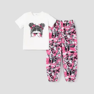 2pcs Kid Girl Figure Print Short-sleeve Tee and Camouflage Pants Set #1052464