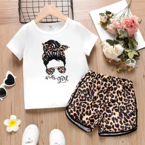 2pcs Kid Girl Figure Print Short-sleeve Tee and Leopard Print Shorts Set #806555