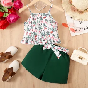 2pcs Kid Girl Floral & Butterfly Print Ruffle Hem Cami Top and Belted Shorts Set #1035183
