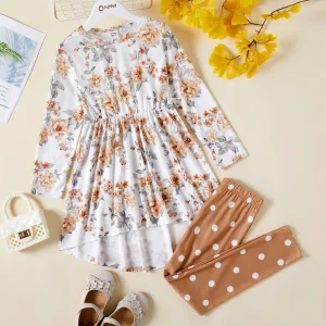2pcs Kid Girl Floral Print High Low Long-sleeve Tee and Polka dots Leggings Set #815111
