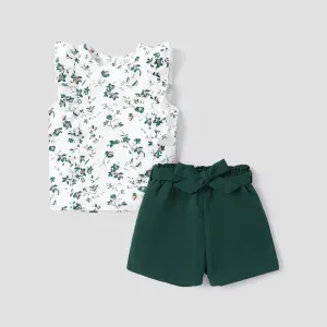 2Pcs Kid Girl Floral Print Ruffled Tank Top and Belted Shorts Set #849111