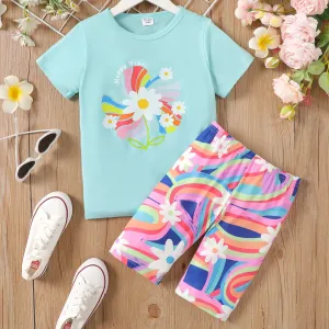 2pcs Kid Girl Floral Print Short-sleeve Top and Leggings Shorts Set #1036484
