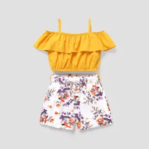 2pcs Kid Girl Flounce Camisole and Floral Print Belted Shorts Set