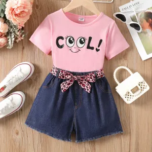 2pcs Kid Girl Funny Letter Print Tee and Leopard Belted Shorts Set #883720