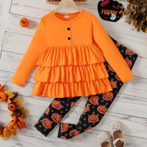 2pcs Kid Girl Halloween Ruffled Layered Long-sleeve Tee and Pumpkin Print Leggings Set #815565