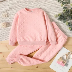 2pcs Kid Girl Heart Textured Pink Pullover Sweatshirt and Elasticized Pants Set #830226