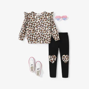 2pcs Kid Girl Leopard Flutter Sleeve Set #1076237