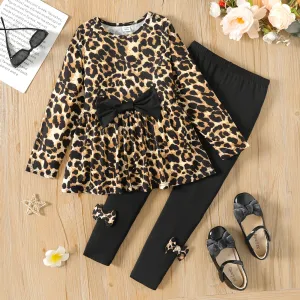 2pcs Kid Girl Leopard Print 3D Bowknot Decor Long-sleeve Tee and Black Leggings Set #815792